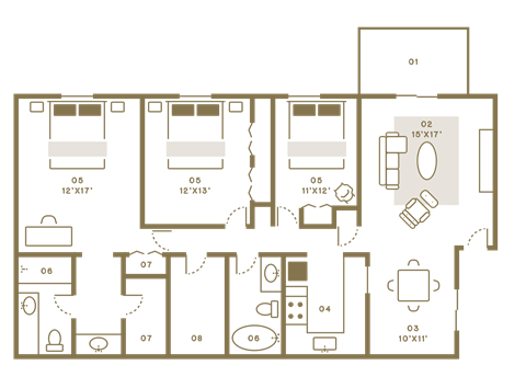 Floor plan for 3 beds, 2 baths, 1568 sqft